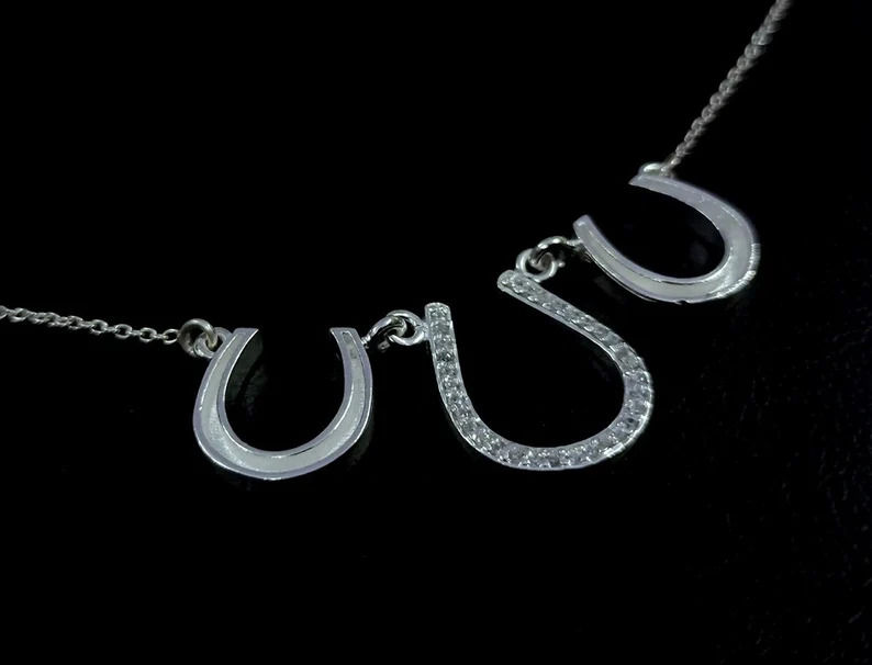 Thumbnail: Lucky Horse Shoe Necklace With CZ. Sterling Silver Good Luck Necklace Jewelry.