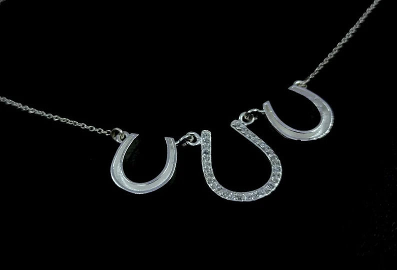 Thumbnail: Lucky Horse Shoe Necklace With CZ. Sterling Silver Good Luck Necklace Jewelry.