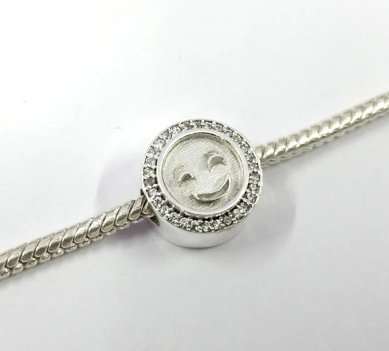 Thumbnail: 925 Sterling Silver Sliding Beads Smiley Face With CZ Gemstones, Keepsake Beads.