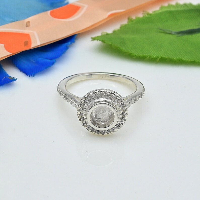 Thumbnail: 925 Sterling Silver Round Shape 6MM Bezel Ring Setting DIY Cup With CZ. Bridge.