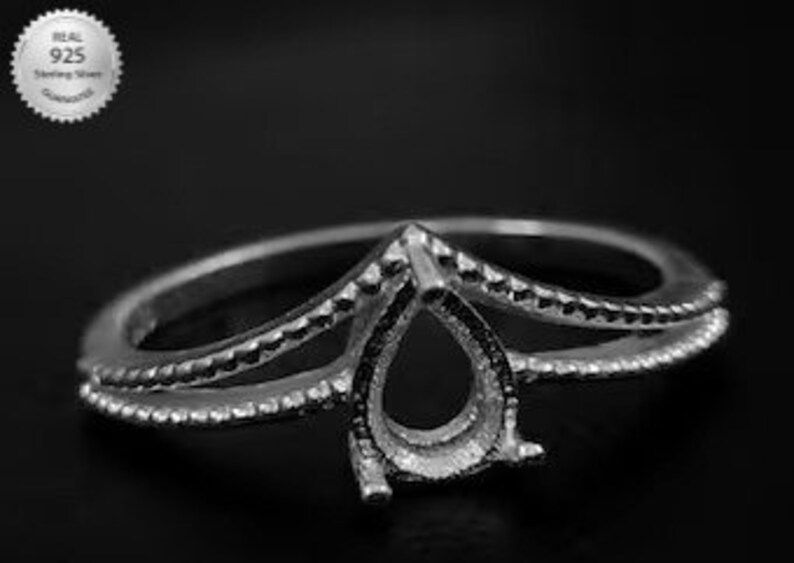 925 Sterling Silver Pear Shape Split Band Ring DIY For Cabochon & Gemstones.