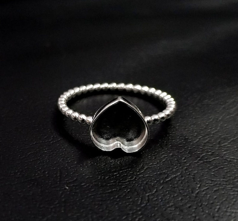 925 Sterling Silver Heart Shape Ring Bezel Setting DIY CUP With Bead Band.