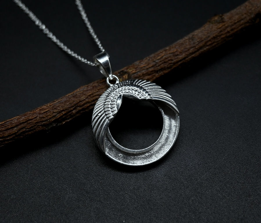Thumbnail: Angel Wings In Round Shape Pendant, 925 Sterling Silver Horse Hair Pendant,
