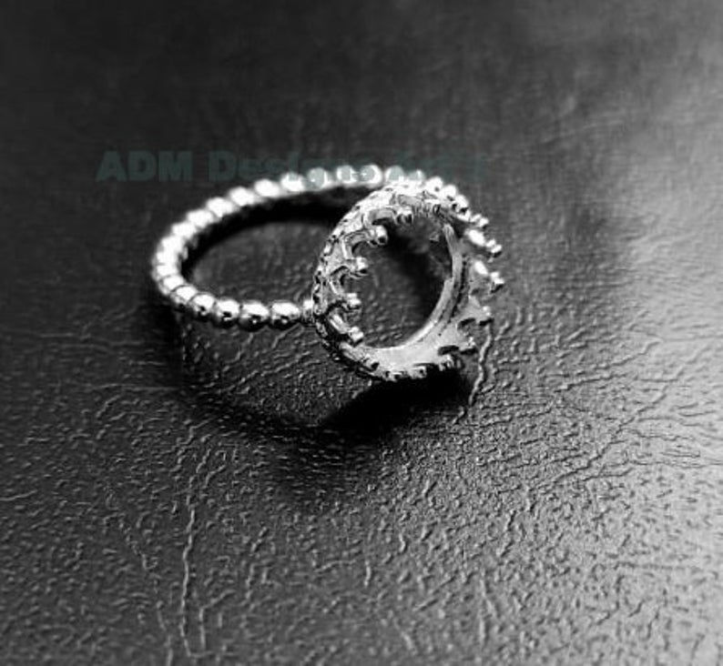 925 Sterling Silver Crown Bezel Ring For Round Shape Gemstone, Silver Crown Ring