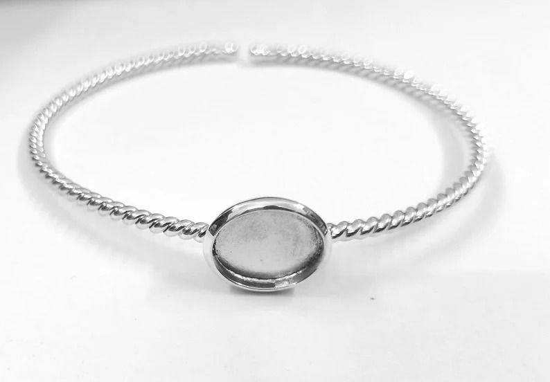 Thumbnail: 925 Sterling Silver Thick Bezel Blank Bangle Diy For Oval Shape Gemstone.