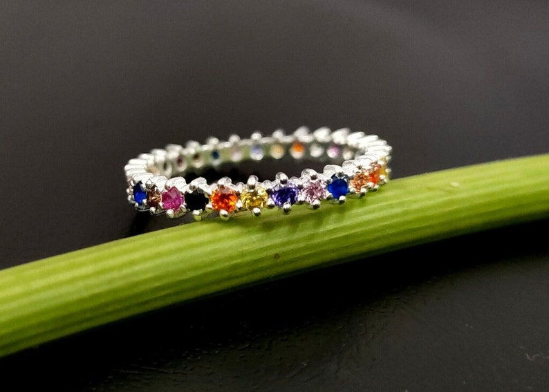 925 Sterling Silver Ring Studded With Multi Color CZ Crystals Gemstone.