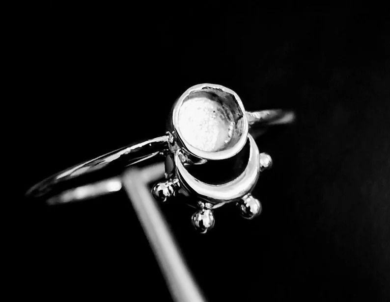 Thumbnail: 925 Sterling Silver Crescent Moon Ring With Round Band For Resin & Gemstone Work