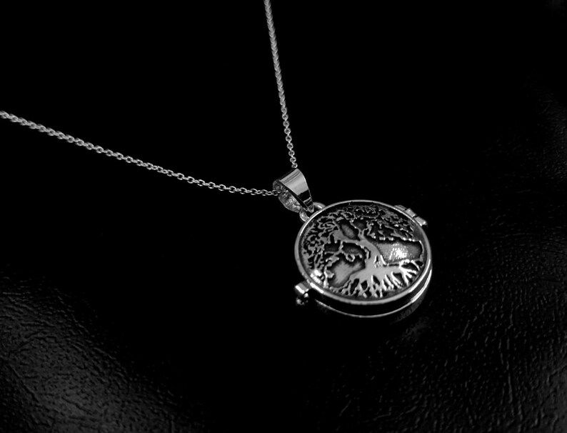 Thumbnail: 925 Sterling Silver Box Locket Pendant With Tree Of Life Engraving On Top.