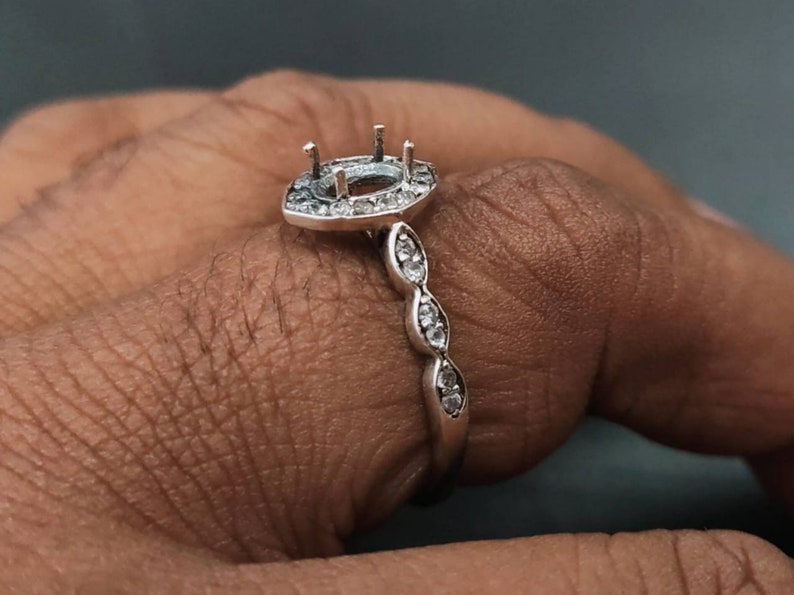 Thumbnail: 925 Sterling Silver Oval Shape Ring Bezel Setting With CZ Gemstone, CZ On Band.