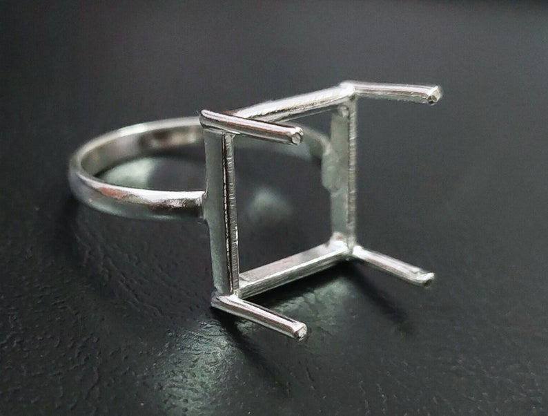 Thumbnail: 925 Sterling Silver Square Shape Prong Ring Bezel Setting, For Cabochon Gemstone