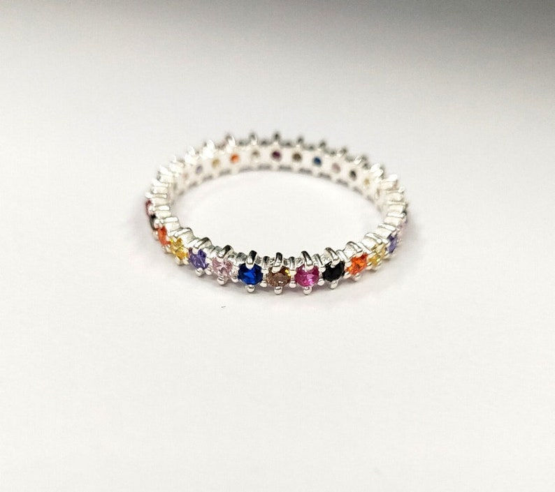 Thumbnail: 925 Sterling Silver Ring Studded With Multi Color CZ Crystals Gemstone.