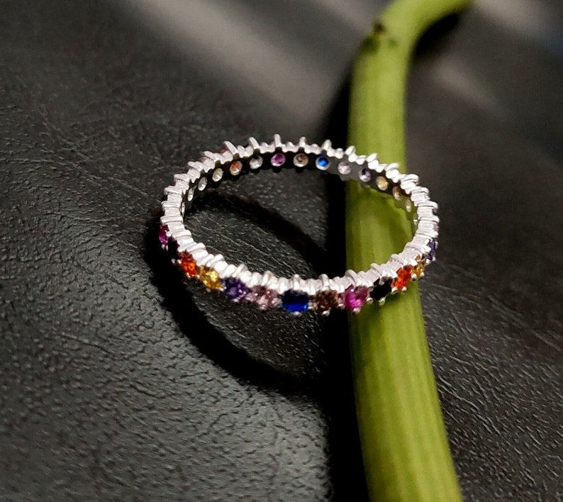 Thumbnail: 925 Sterling Silver Ring Studded With Multi Color CZ Crystals Gemstone.