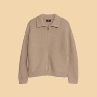 Taupe knitted zip sweater jacket with a soft, cozy texture.