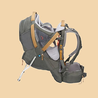 Technical child toddler hiking backpack in taupe with adjustable support straps and hydration pouch.