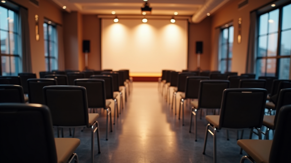 Eye-level view of a conference room set up with chairs and a stage