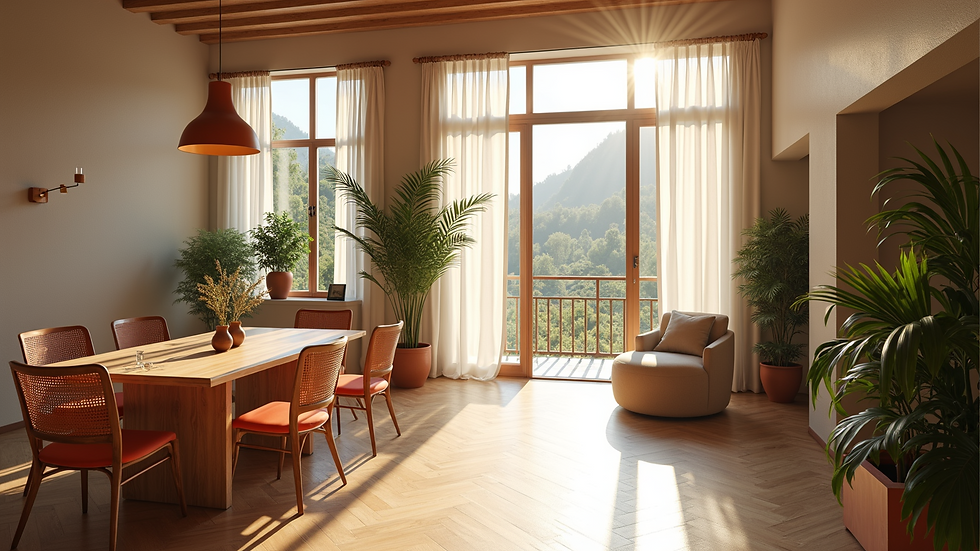 High angle view of a stylish event space with natural light and modern decor