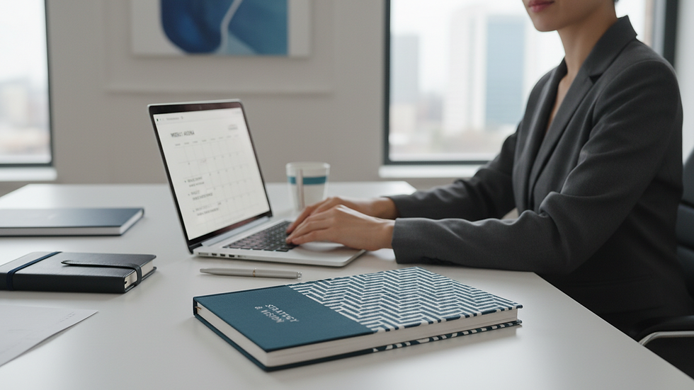 Eye-level view of a professional desk with a planner and a laptop