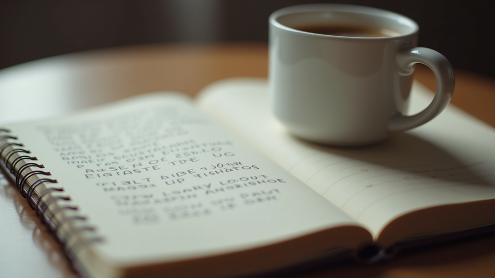 Close-up view of a notebook with handwritten notes and a cup of coffee