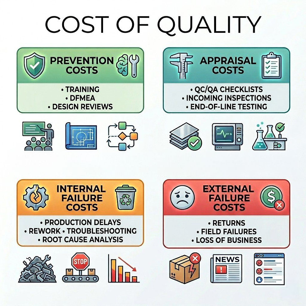 Visual representations of all the factors considered when attempting to calculate the cost of quality for a particulate product.