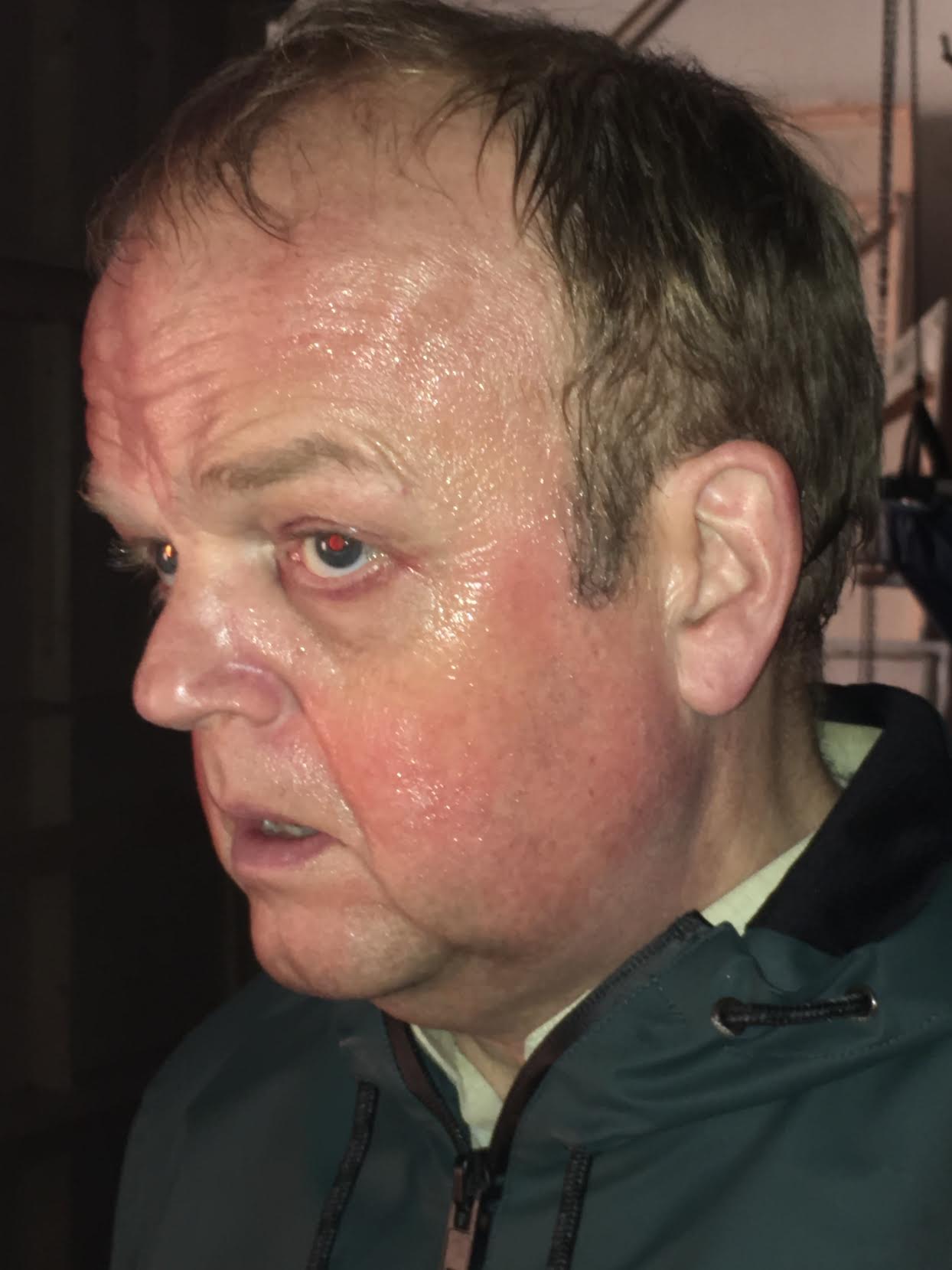 Red and sweaty makeup, Toby Jones