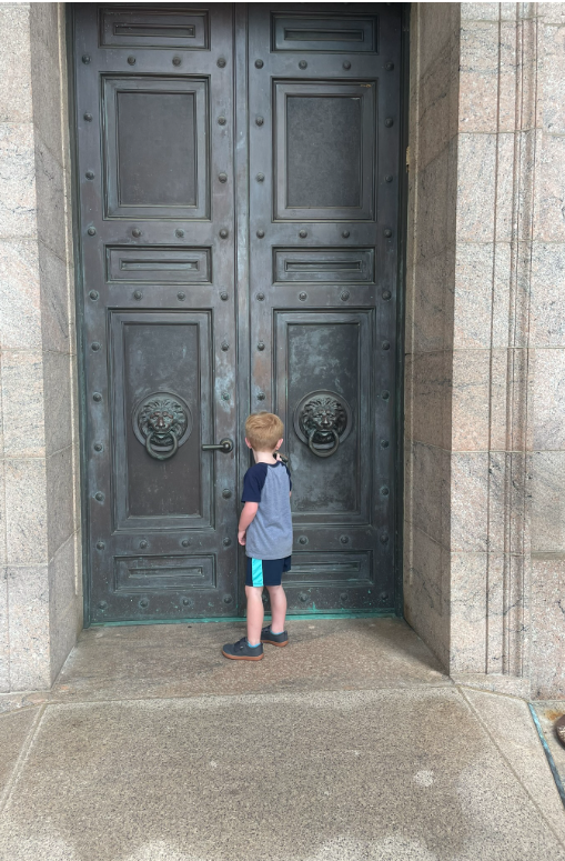 at the top of the stairs