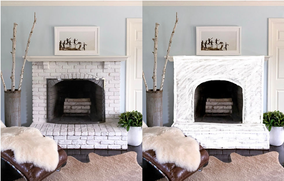 On the left, an original bedroom fireplace just begging to be brought out of the 1990's. On the right, a penciled vision: A white plaster application would soften the form and add sculptural elegance.