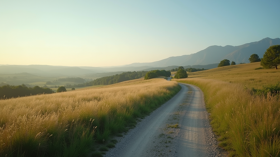 Eye-level view of a serene landscape with a winding path
