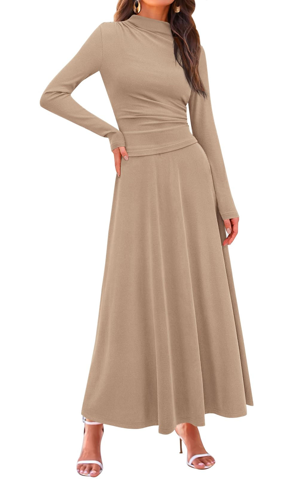 PRETTYGARDEN Long Sleeve Two Piece Skirt Sets Women 2 Piece Outfits Casual Ribbe