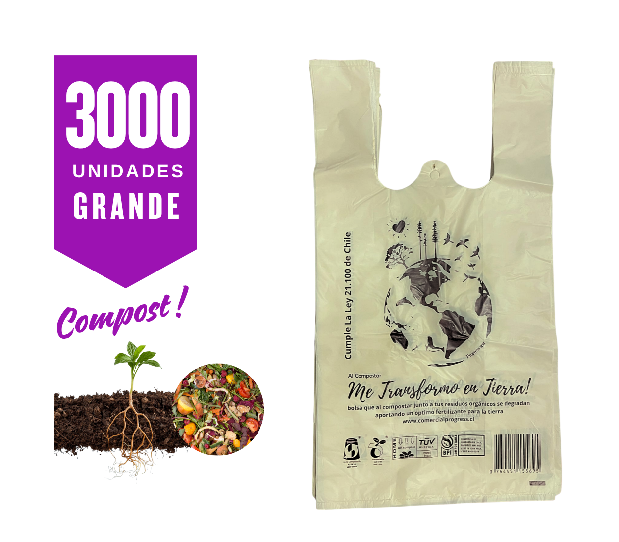 Bolsa Camiseta Compostable y Biodegradable 48x55 25my | 3000 unidades