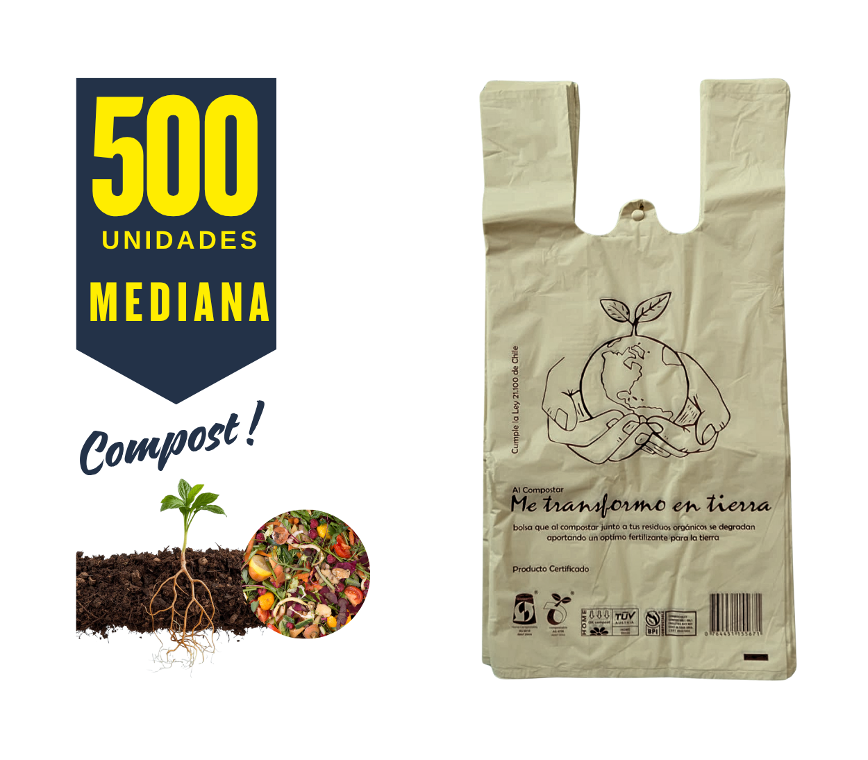 Bolsa Camiseta Compostable y Biodegradable 42x50 18my | 500 unidades