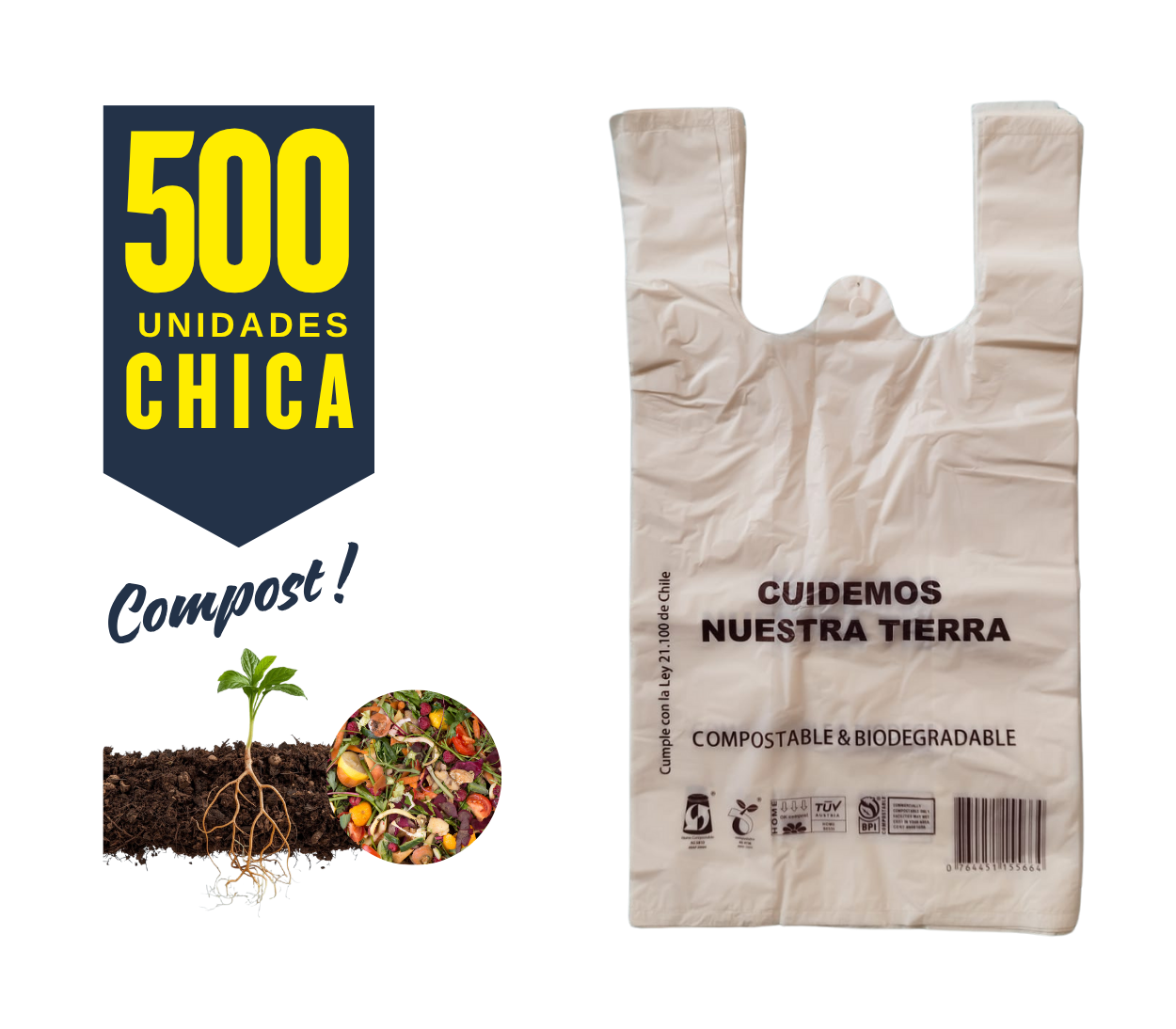 Bolsa Camiseta Compostable y Biodegradable 36x40 18my | 500 unidades