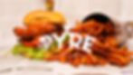 The Pyre logo overlaying A savory gourmet sandwich with crispy fries, showcasing Pyre's spicy offerings, for Pyre spicy gourmet sandwich shop by JFosterDesigns / Sonworthy Design Studio.