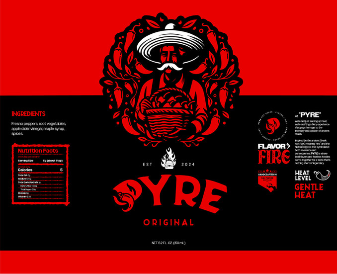 Pyre Original Hot sauce bottle label design from Pyre spicy gourmet sandwich shop in Baltimore, Maryland by JFosterDesigns / Sonworthy Design Studio