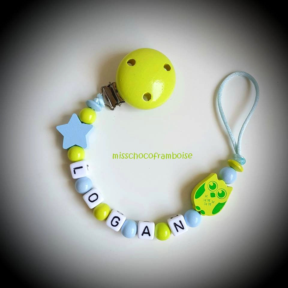 Clip attache tétine personnalisée perles en bois Chouette