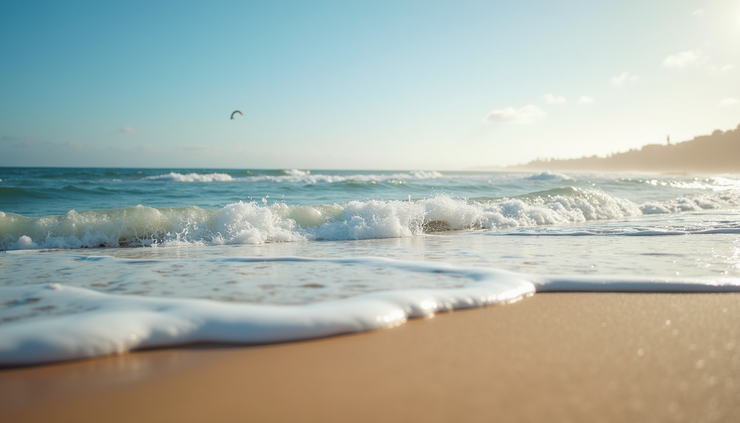 Eye-level view of a sandy beach with waves rolling onto the shore in a Southern California coastal city