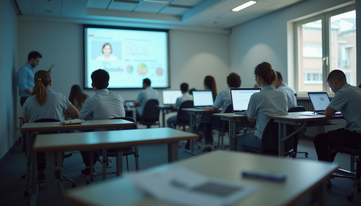 Eye-level view of a modern classroom with students learning AI concepts on laptops