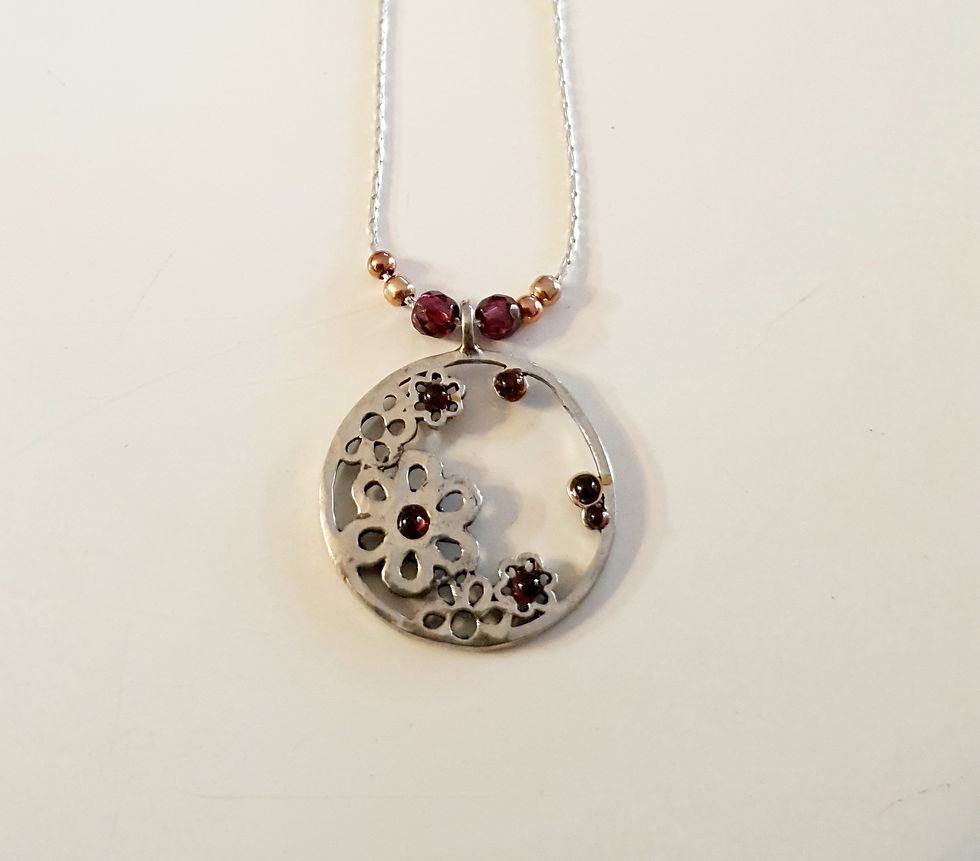 Granet flowers pendant,Flower necklace, 925 silver round pendant