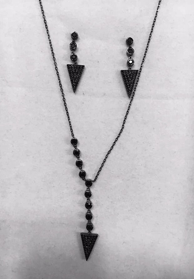 Thumbnail: silver earrings and necklace,Silver set,Blackened triangles