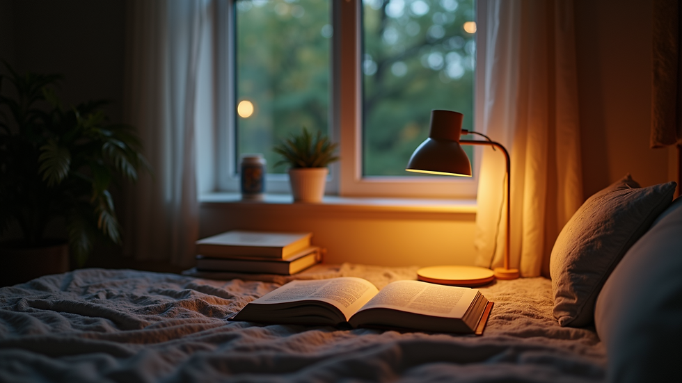 High angle view of a modern table lamp illuminating a cozy reading nook