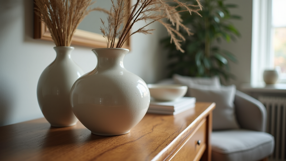 Close-up view of handcrafted ceramic vase on a wooden console table