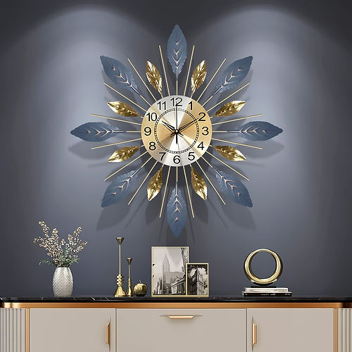 21.6" Gold Blue Metal Leaf Wall Clock