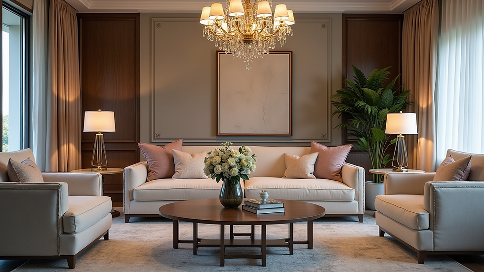 Eye-level view of elegant living room with statement chandelier and plush cushions