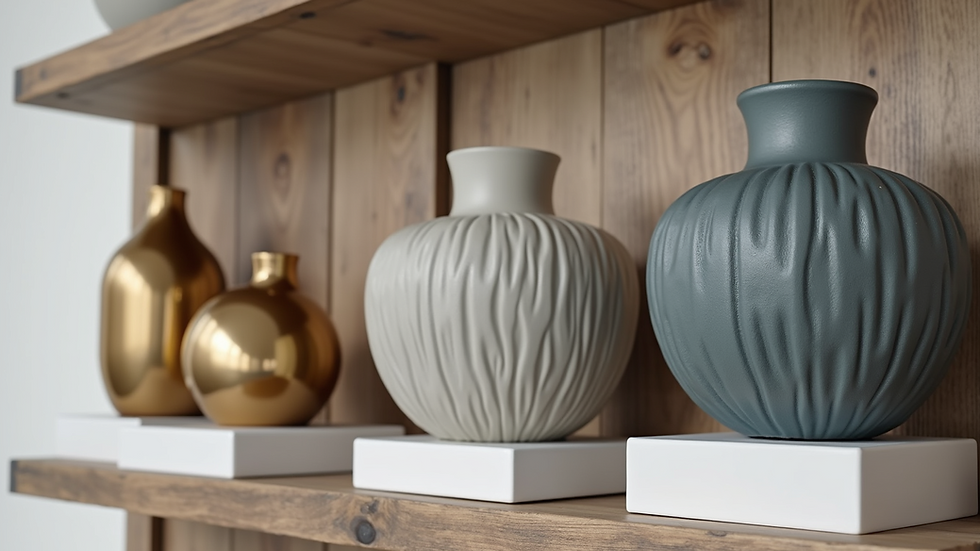 Eye-level view of a rustic wooden shelf with unique decorative accents including vases and sculptures