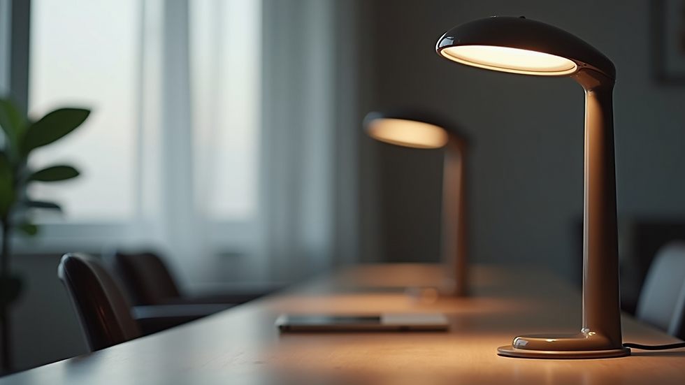 Eye-level view of a sleek modern table lamp on a minimalist desk