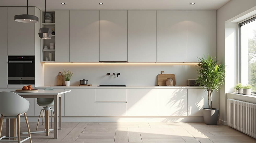 Plano cenital de una cocina moderna y limpia con luz natural