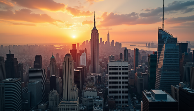 Eye-level view of a city skyline with financial district buildings