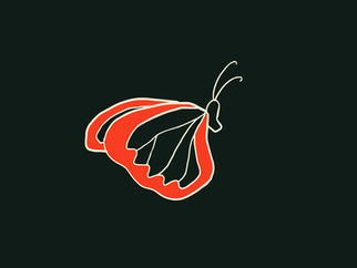 A drawing of a simple black, white, and red butterfly on a black background.