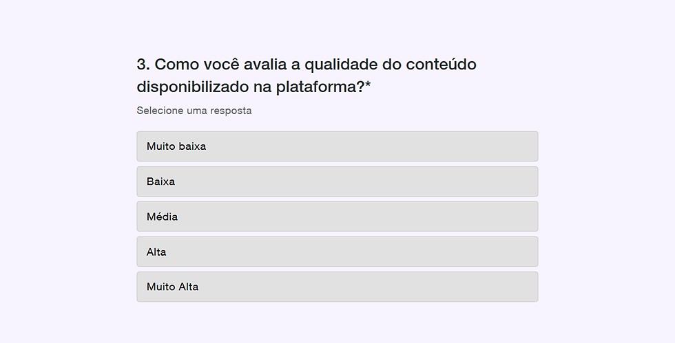 Terceira pergunta do questionário: Como você avalia a qualidade do conteúdo disponibilizado na plataforma?