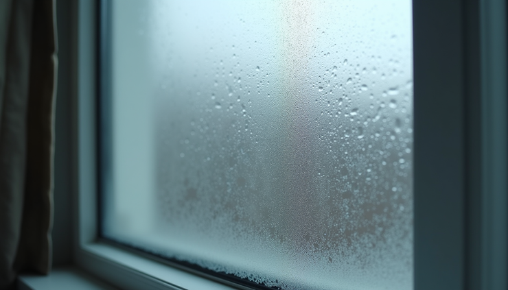Close-up view of a foggy double-glazed window with visible condensation between panes