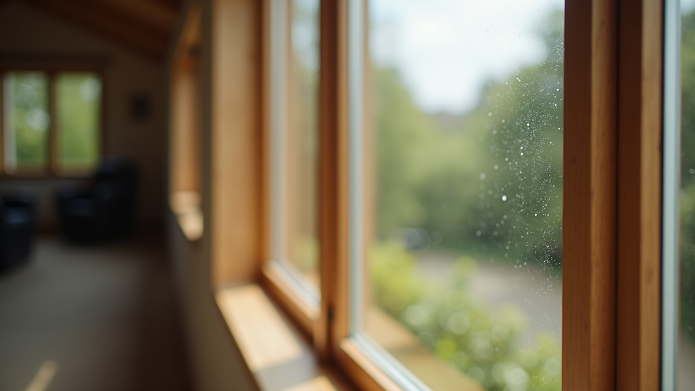 Close-up view of a triple-glazed timber window frame with visible gas fills